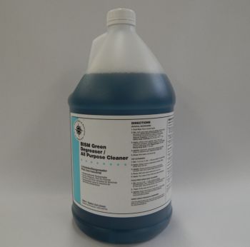 clear jug, blue liquid, light blue stripe - BISM Green Degreaser/All-Purpose Cleaner